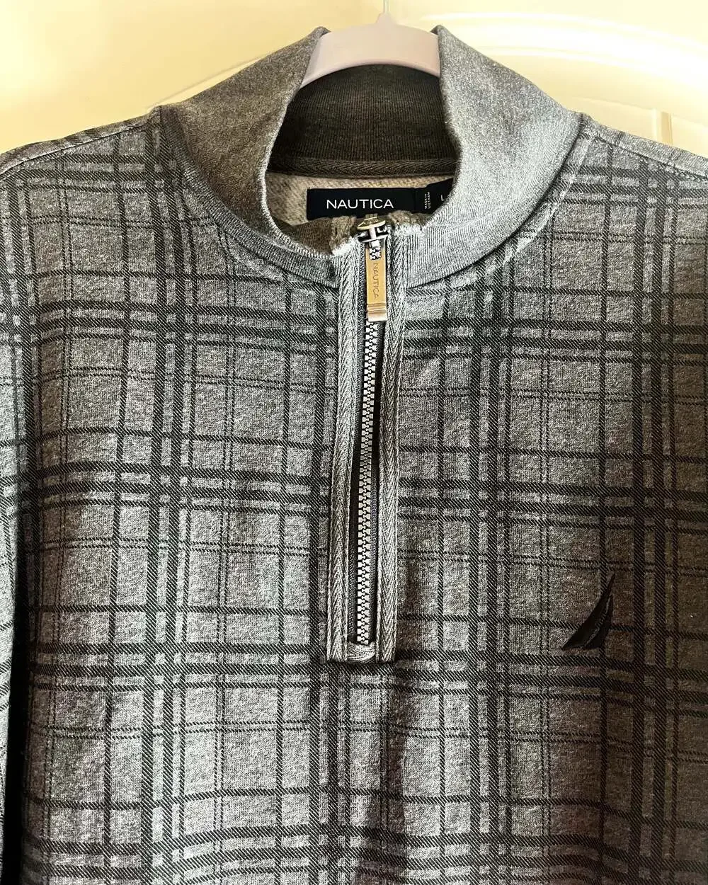 Nautica Gray Plaid Quarter Zip Pullover Sweater Men’s L Preppy